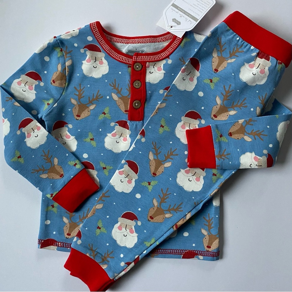 Santa Pajamas 9 12 Months NWT Mud Pie Reindeer Christmas 2 Piece Blue Red Trim